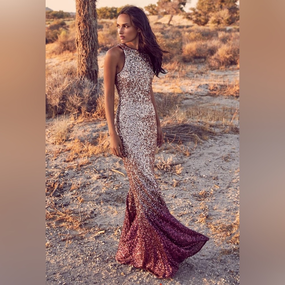 NWT Lulus Infinite Dreams Sequin Burgundy and Rose Gold Ombre Maxi Dress